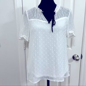 NWT Monteau Swiss dot white dress black tie detail short sleeve small blouse top